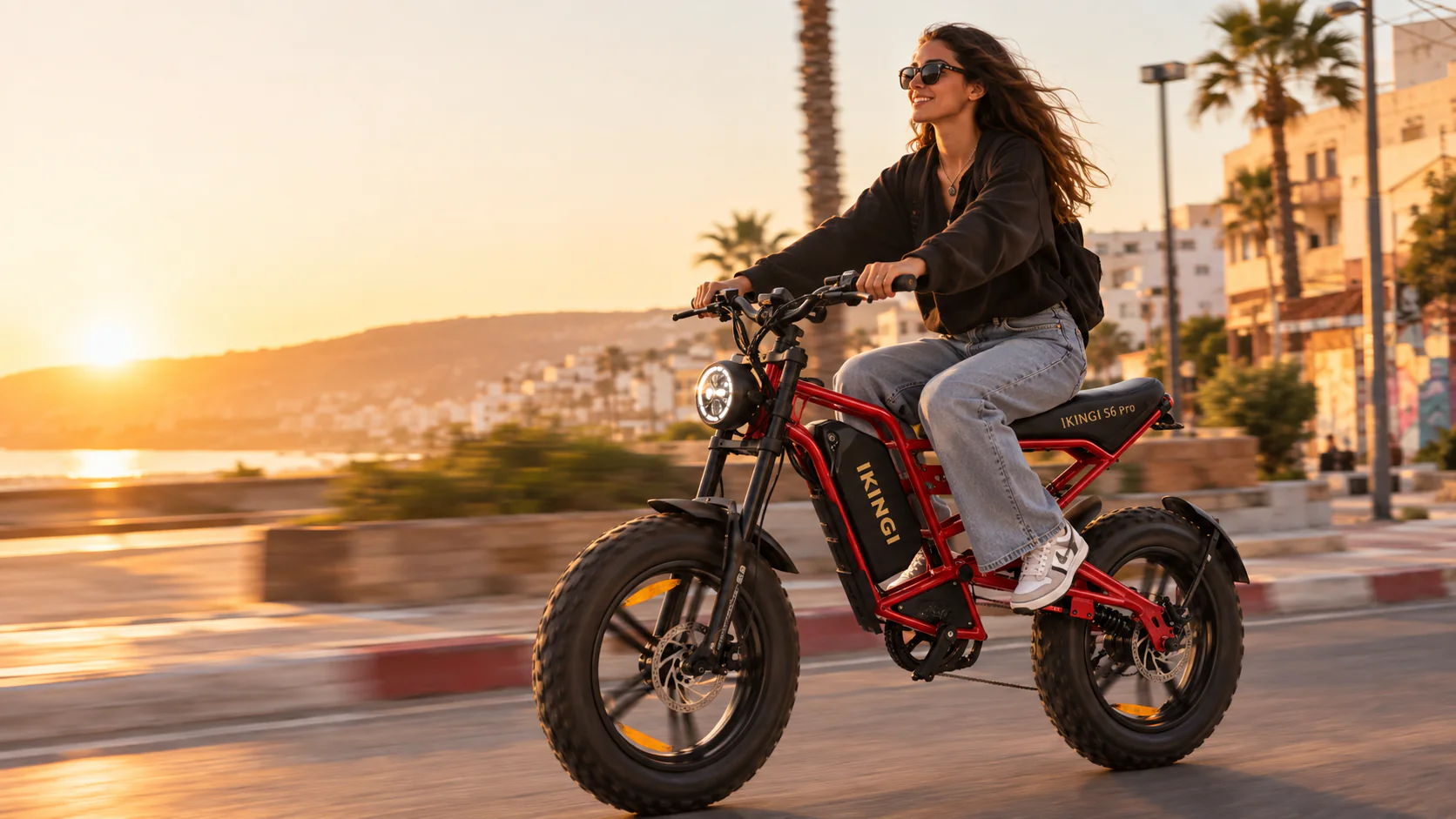 Rider on the red IKINGI S6 Pro e-bike beside the coast